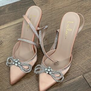 Lulu's Rose Gold Satin Slingback Heels with Crystal Bow